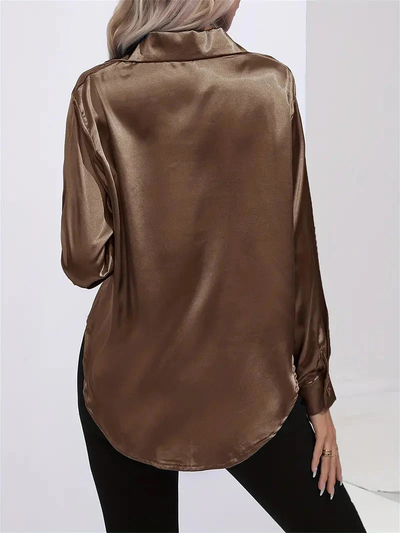 Elegant Satin Blouse With Collar And Button Closure For Women