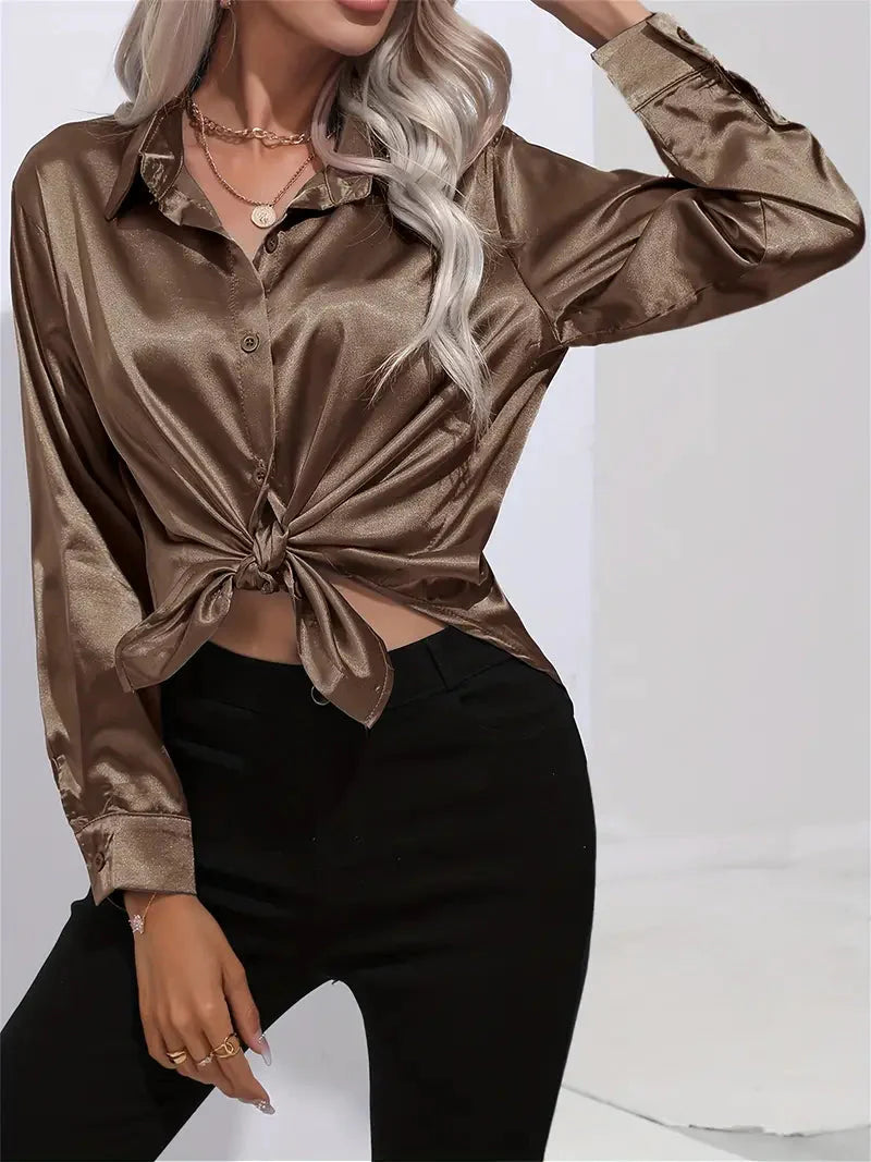 Elegant Satin Blouse With Collar And Button Closure For Women