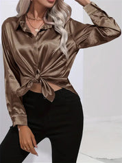 Elegant Satin Blouse With Collar And Button Closure For Women