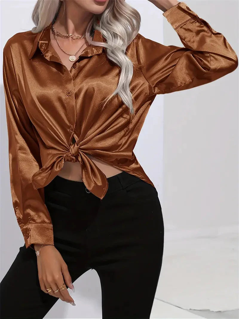 Elegant Satin Blouse With Collar And Button Closure For Women