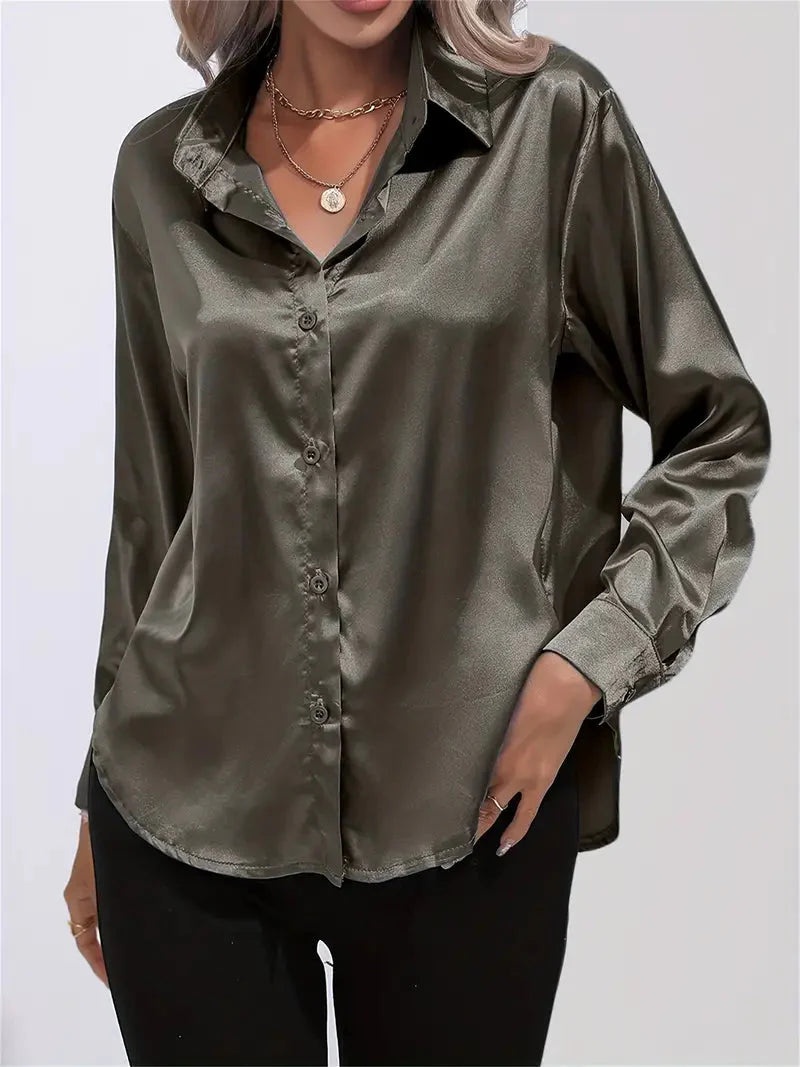 Elegant Satin Blouse With Collar And Button Closure For Women