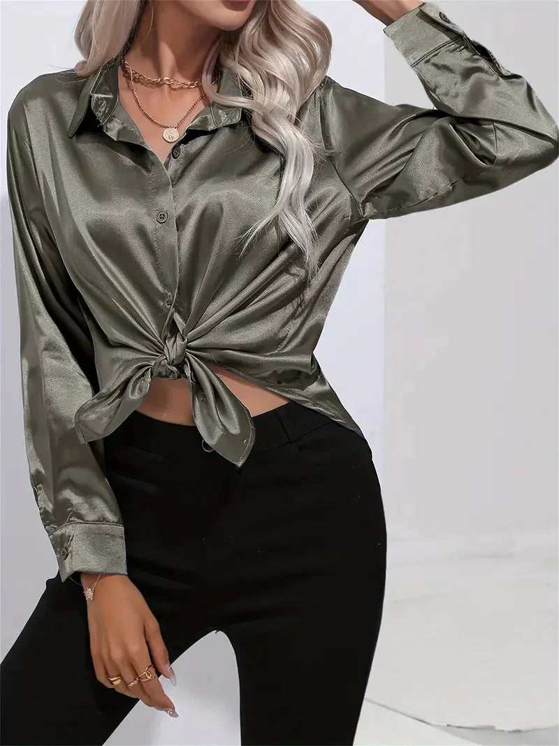 Elegant Satin Blouse With Collar And Button Closure For Women