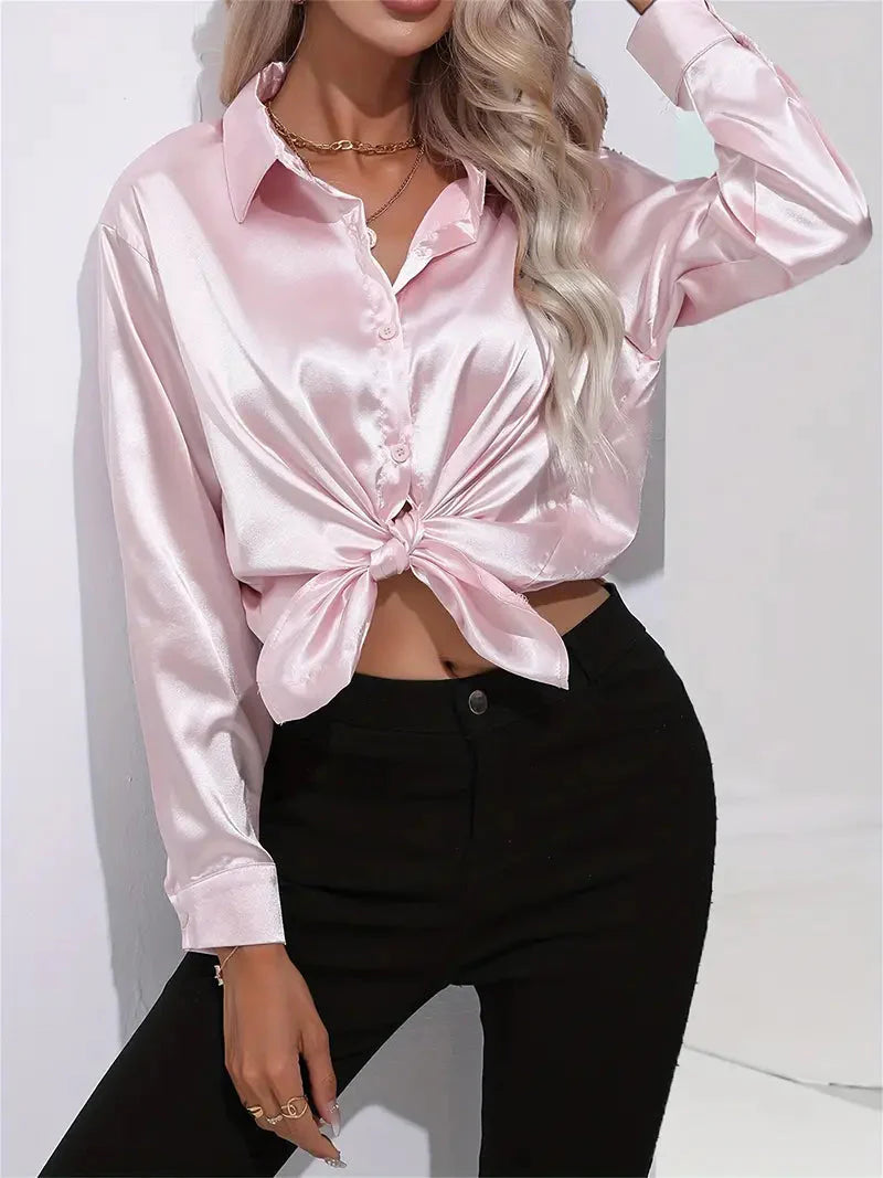 Elegant Satin Blouse With Collar And Button Closure For Women