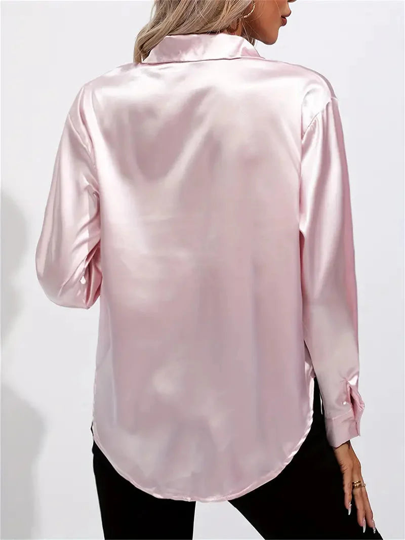 Elegant Satin Blouse With Collar And Button Closure For Women
