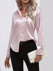 Elegant Satin Blouse With Collar And Button Closure For Women