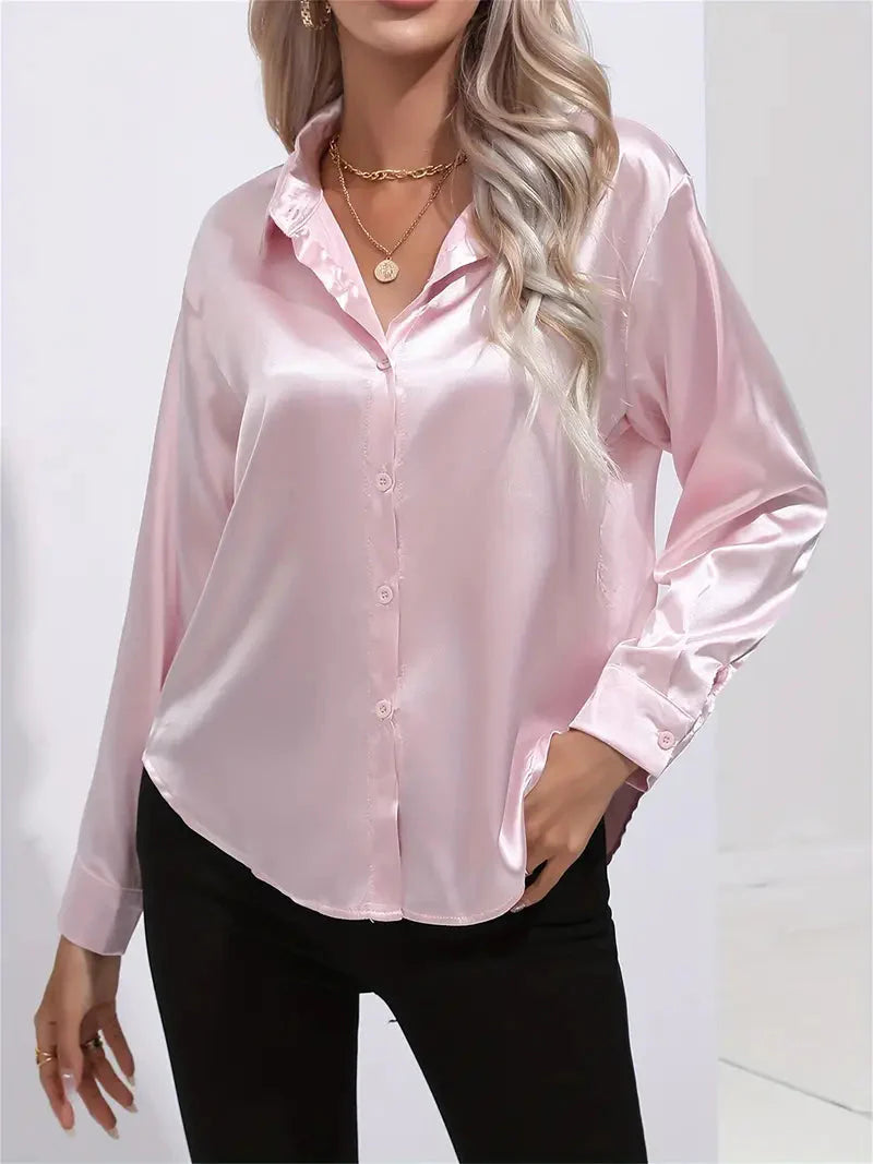 Elegant Satin Blouse With Collar And Button Closure For Women
