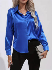 Elegant Satin Blouse With Collar And Button Closure For Women
