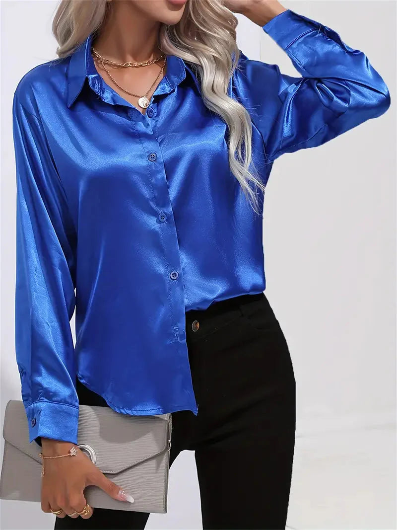 Elegant Satin Blouse With Collar And Button Closure For Women