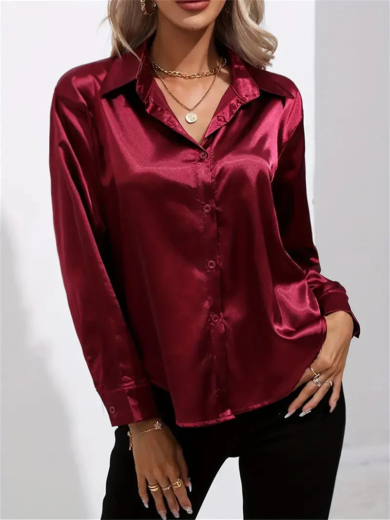 Elegant Satin Blouse With Collar And Button Closure For Women