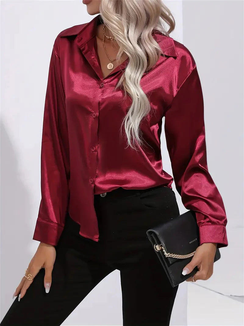 Elegant Satin Blouse With Collar And Button Closure For Women