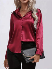 Elegant Satin Blouse With Collar And Button Closure For Women