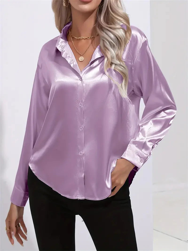 Elegant Satin Blouse With Collar And Button Closure For Women