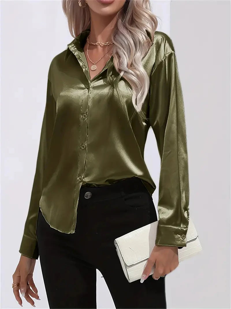 Elegant Satin Blouse With Collar And Button Closure For Women