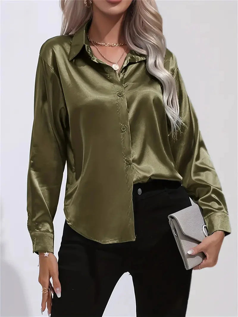 Elegant Satin Blouse With Collar And Button Closure For Women