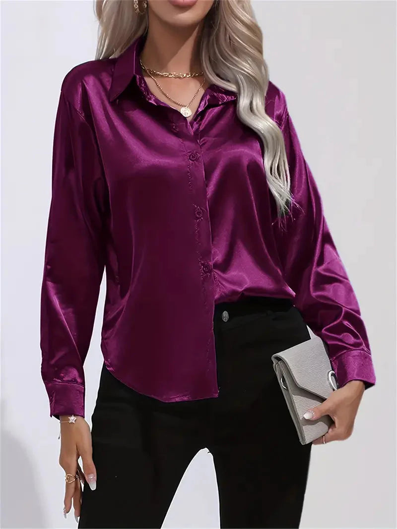 Elegant Satin Blouse With Collar And Button Closure For Women