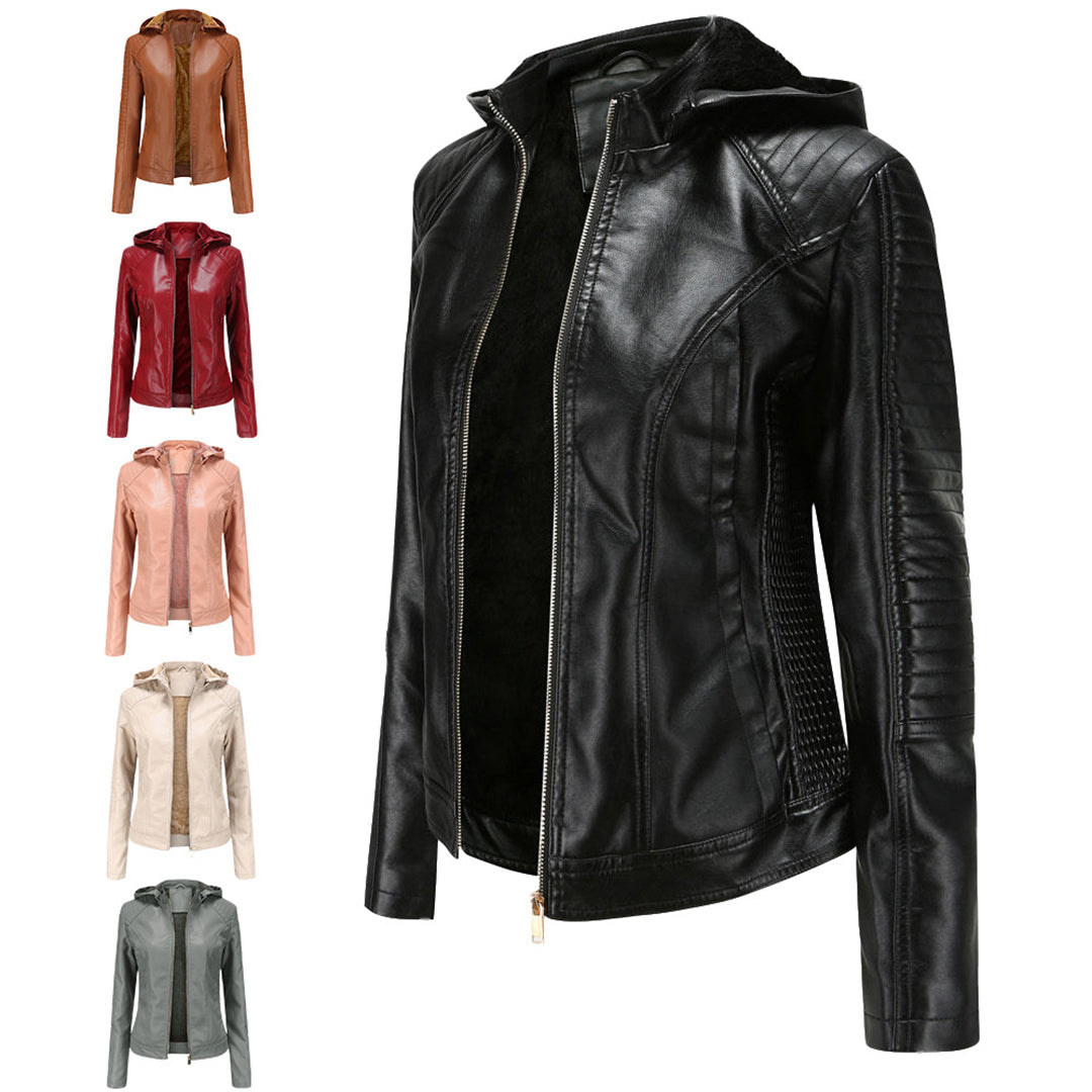 Leather Women's Jacket with Removable Hood and Zipper