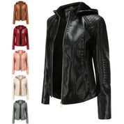 Leather Women's Jacket with Removable Hood and Zipper