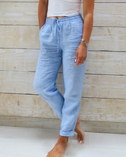 Linen Pants for Women with Drawstring and Straight Legs