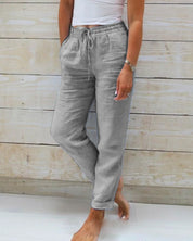 Linen Pants for Women with Drawstring and Straight Legs