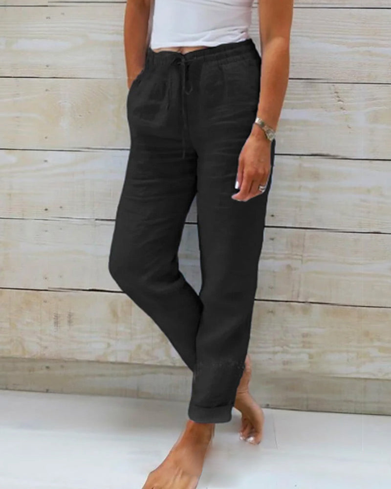 Linen Pants for Women with Drawstring and Straight Legs