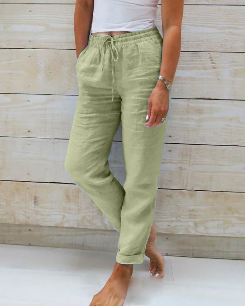 Linen Pants for Women with Drawstring and Straight Legs
