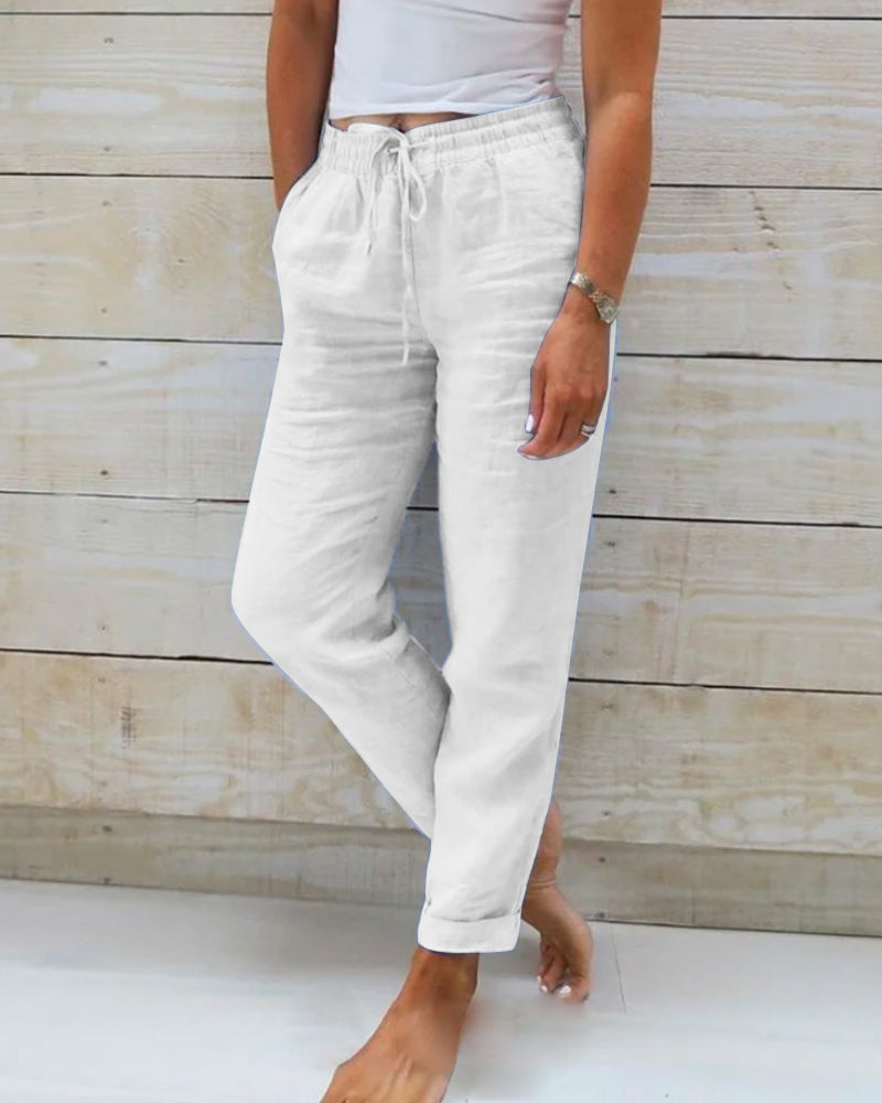 Linen Pants for Women with Drawstring and Straight Legs