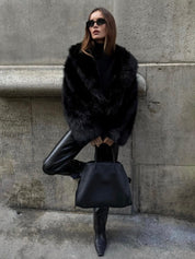 Black Faux Fur Jacket Short Style Warm and Soft for Women