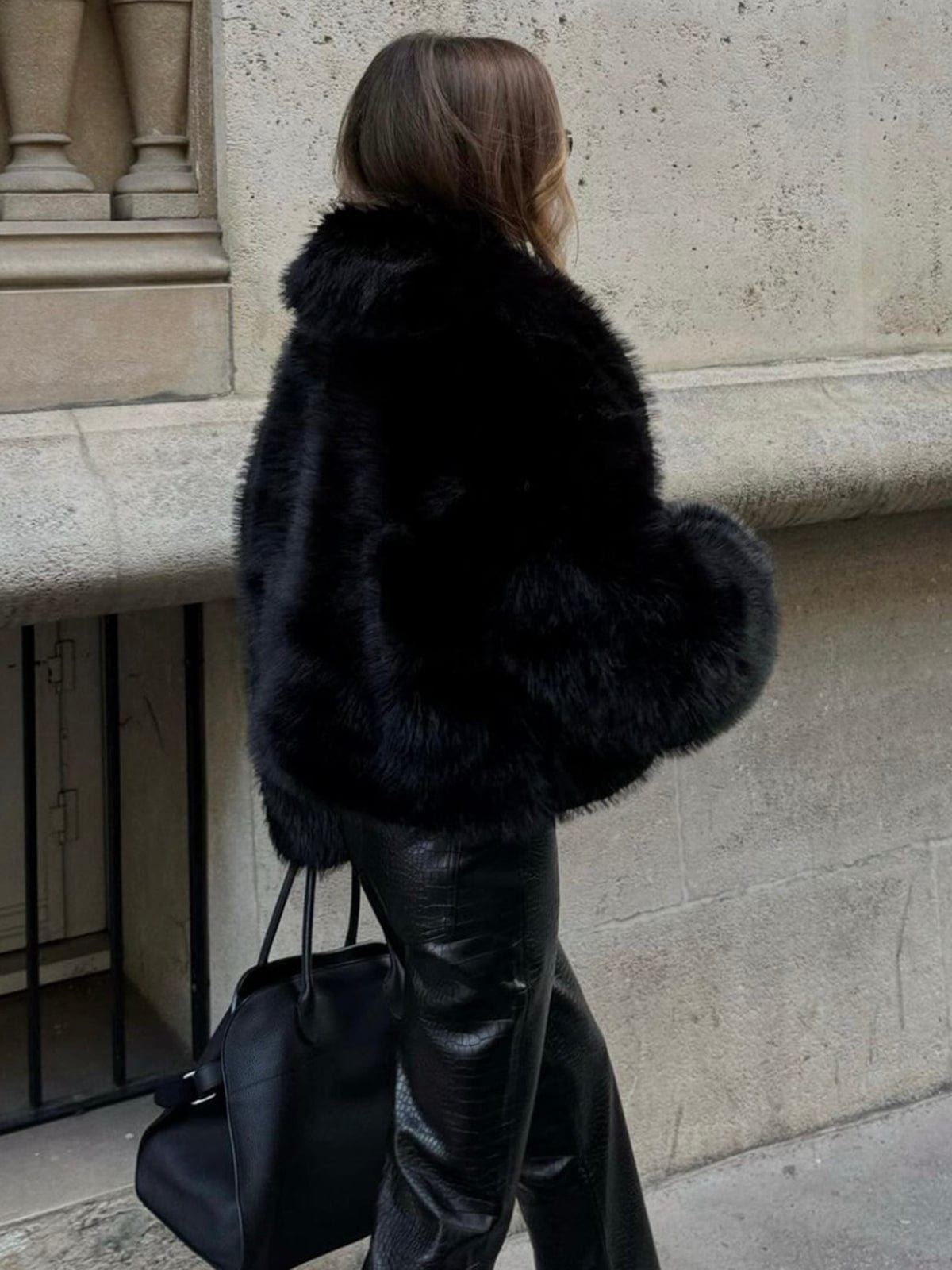 Black Faux Fur Jacket Short Style Warm and Soft for Women