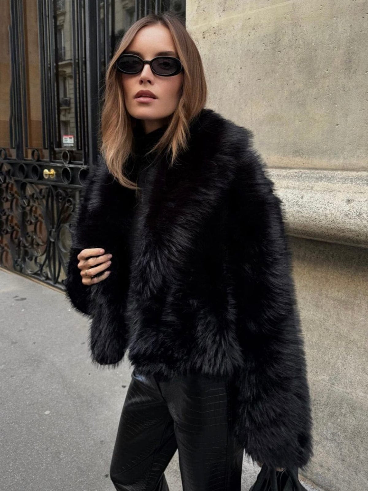 Black Faux Fur Jacket Short Style Warm and Soft for Women