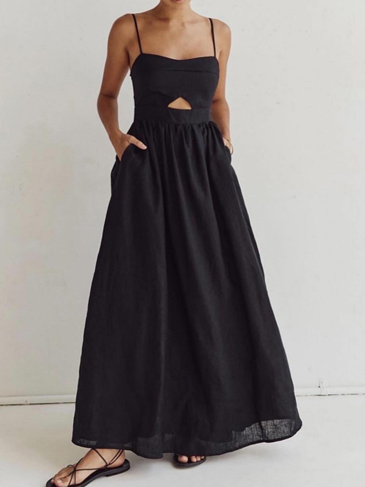 Airy Party Maxi Dress with Spaghetti Straps and Cut-Out Detail for Women