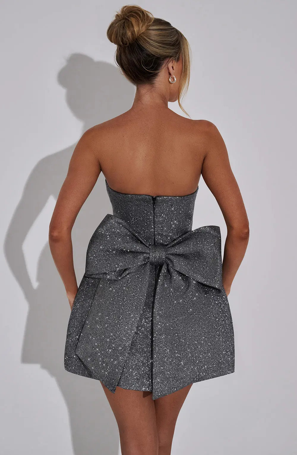 Silver Glitter Cocktail Dress Strapless Mini with Large Bow for Women