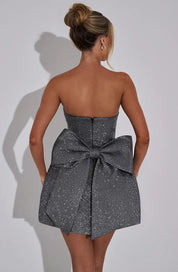 Silver Glitter Cocktail Dress Strapless Mini with Large Bow for Women