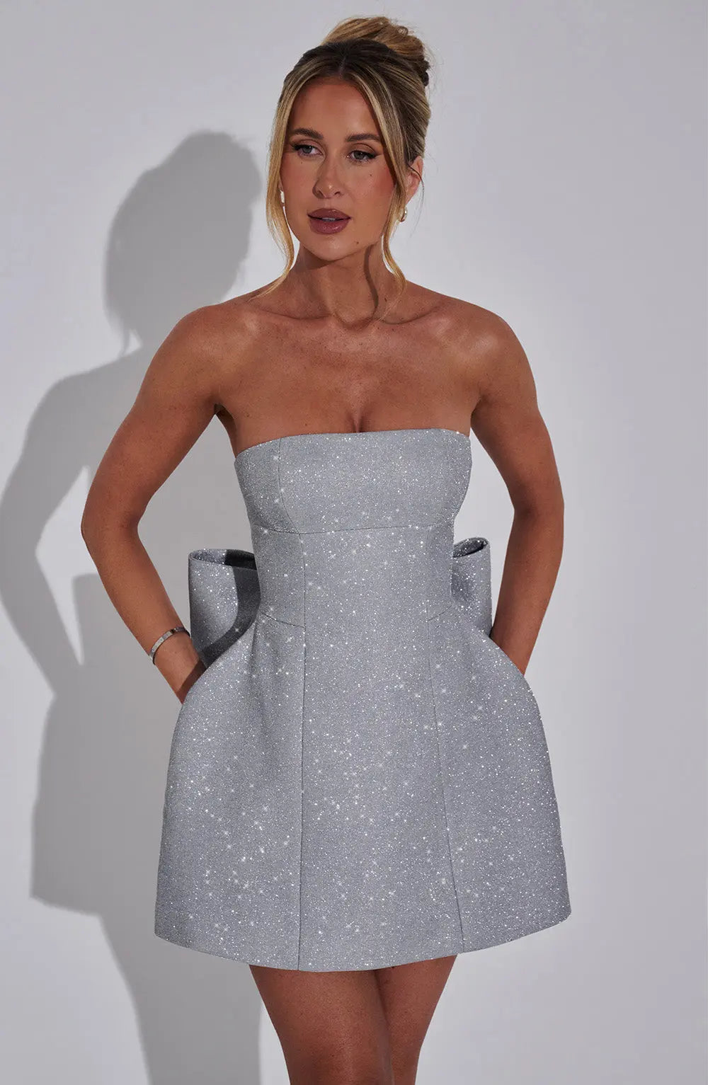 Silver Glitter Cocktail Dress Strapless Mini with Large Bow for Women