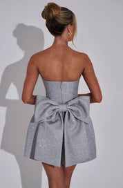 Silver Glitter Cocktail Dress Strapless Mini with Large Bow for Women