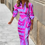 Elegant Midi Wrap Dress With Print And Waistband For Women