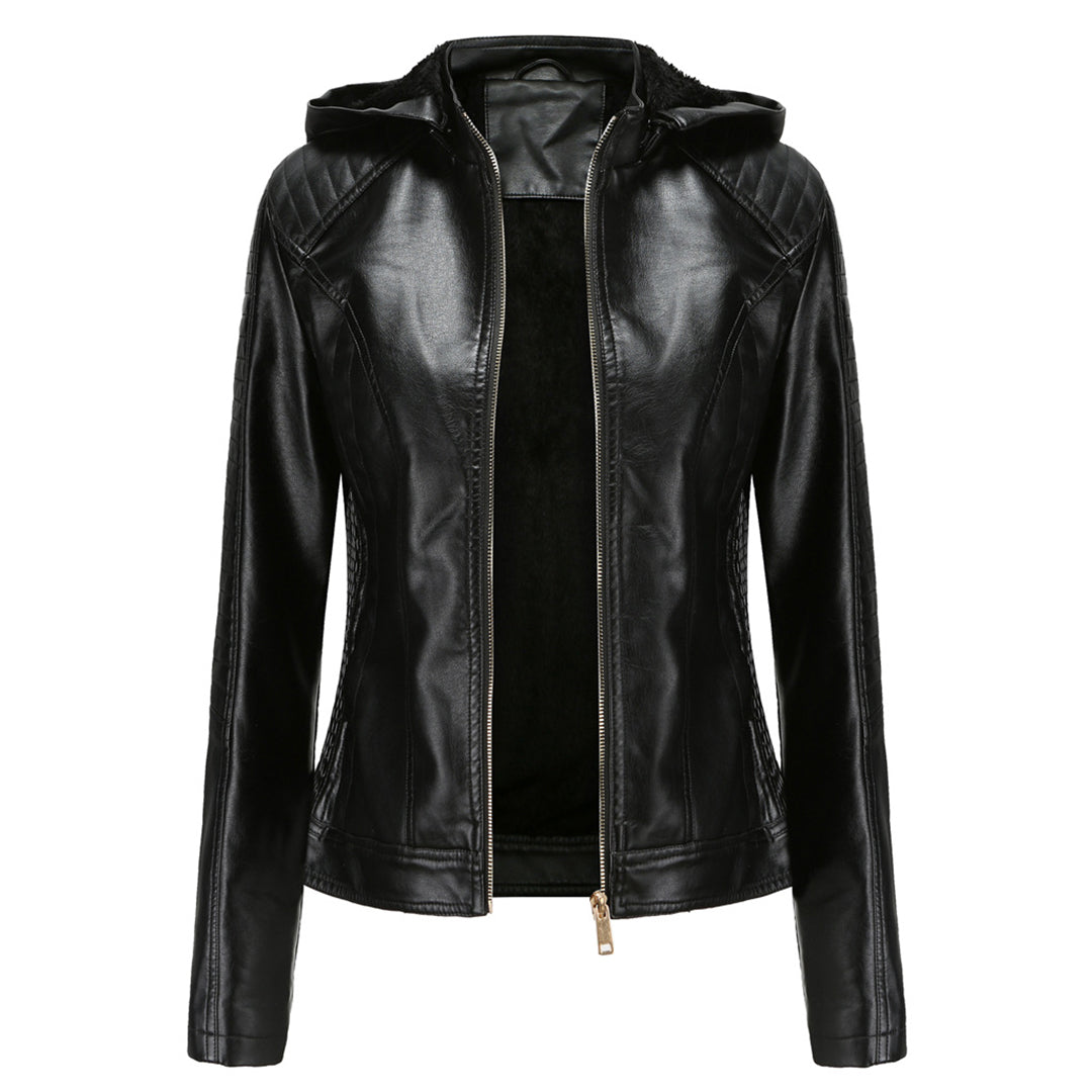 Leather Women's Jacket with Removable Hood and Zipper