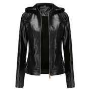 Leather Women's Jacket with Removable Hood and Zipper