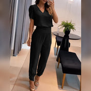 Elegant Two-Piece Set with V-Neck Top and Pants