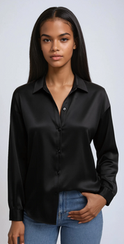 Satin Button-Up Blouse for Women Loose-Fitting with Long Sleeves