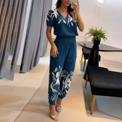 Elegant Two-Piece Set with V-Neck Top and Pants