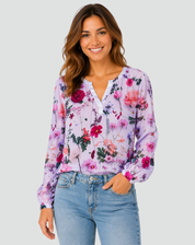 Floral Blouse with V-Neck and Long Sleeves for Women