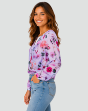 Floral Blouse with V-Neck and Long Sleeves for Women