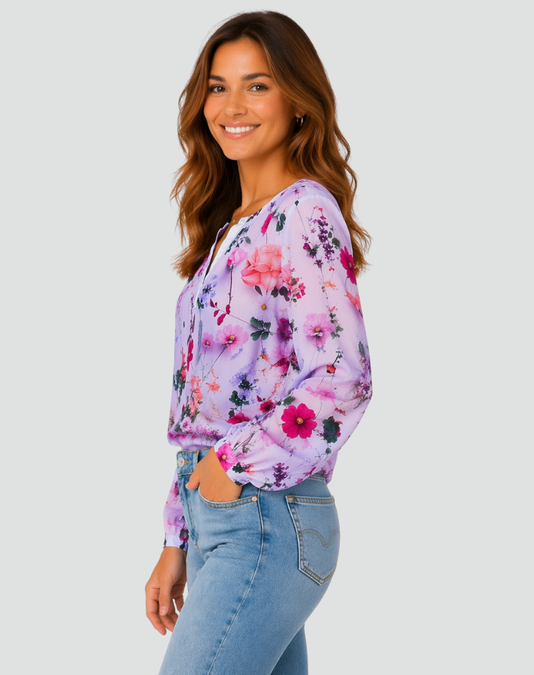 Floral Blouse with V-Neck and Long Sleeves for Women