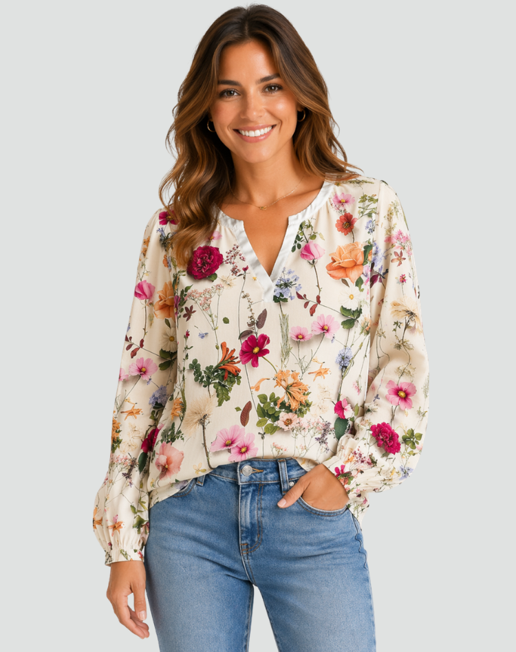 Floral Blouse with V-Neck and Long Sleeves for Women