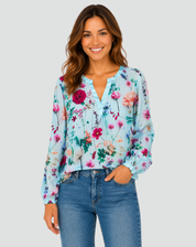 Floral Blouse with V-Neck and Long Sleeves for Women