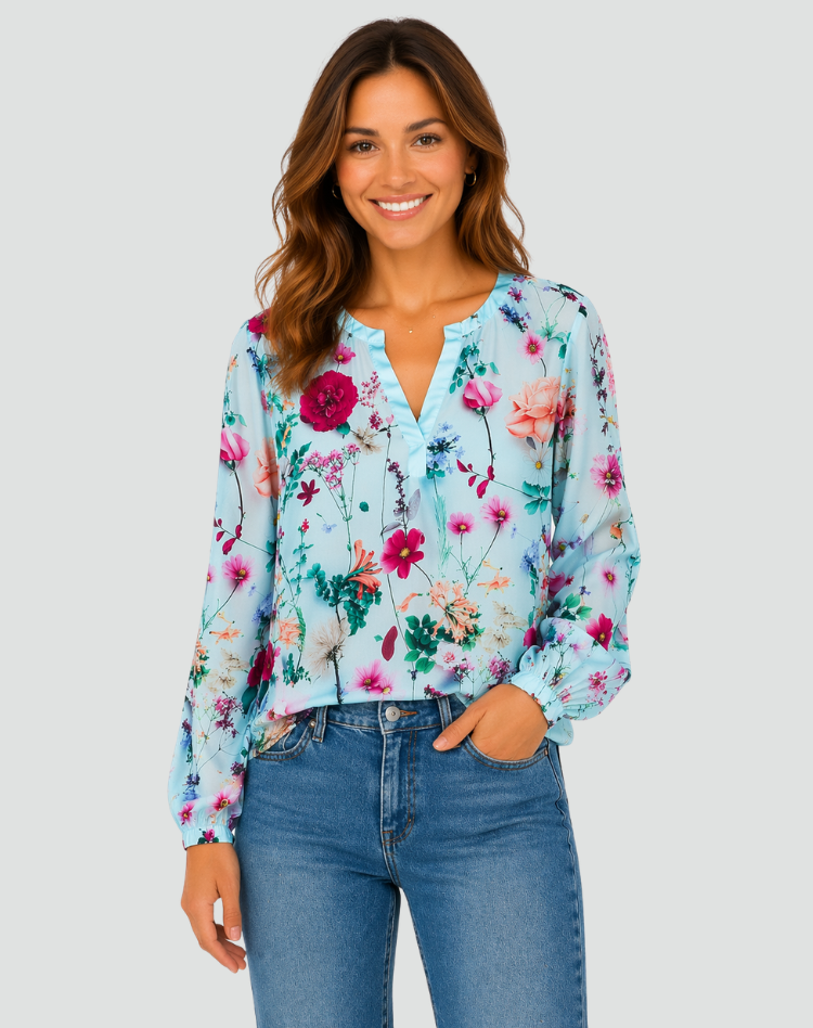 Floral Blouse with V-Neck and Long Sleeves for Women