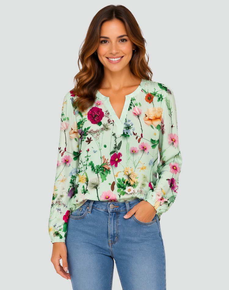 Floral Blouse with V-Neck and Long Sleeves for Women