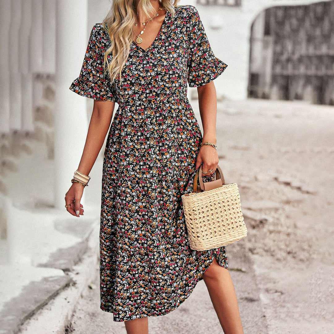 Bohemian floral print midi summer dress with short sleeves for women