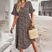 Bohemian floral print midi summer dress with short sleeves for women