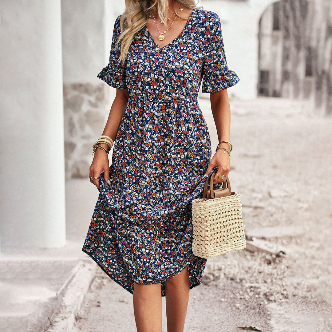 Bohemian floral print midi summer dress with short sleeves for women
